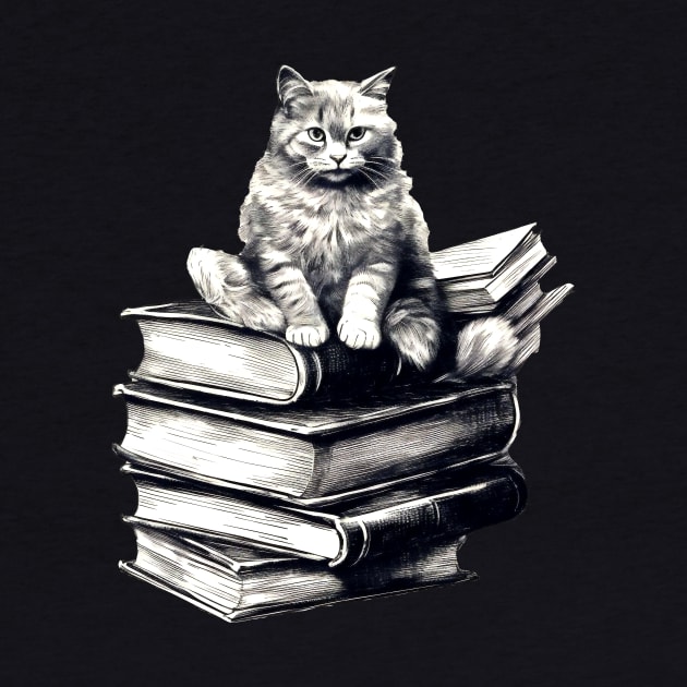 Bookish cat sleeping on books - Kitten lady & librarian gift by OutfittersAve